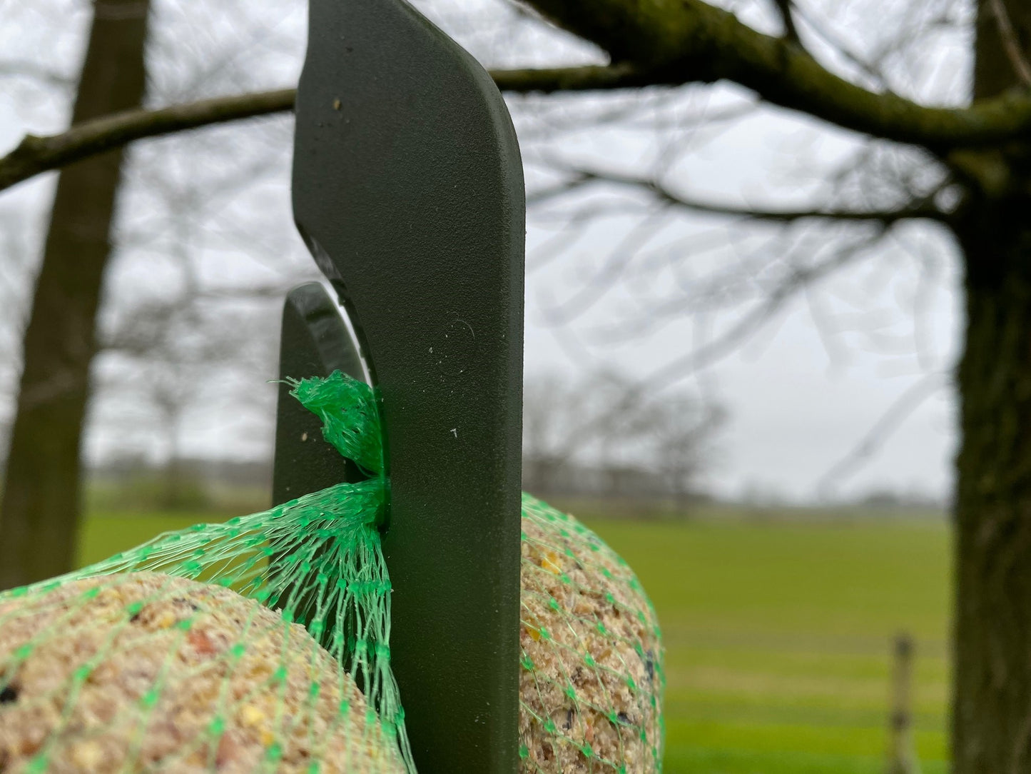 Feed station for birds, suspension for suet balls